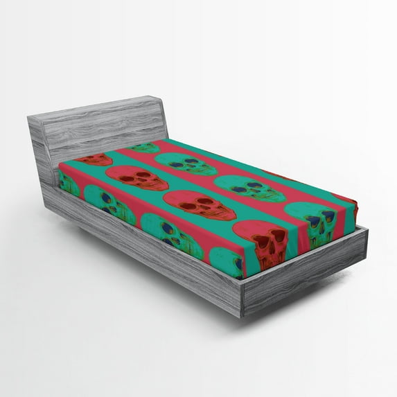 Ambesonne Modern Fitted Sheet, Skull Gothic, Twin Size, Jade Green Magenta
