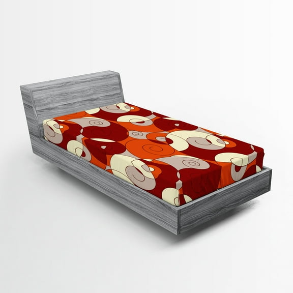 Ambesonne Modern Fitted Sheet, Spiral Abstract Stripes, Twin Size, Orange Ruby Ivory