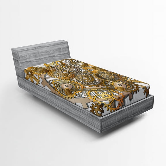 Ambesonne Modern Fitted Sheet, Steampunk Gears Design, Twin XL Size, Pale Orange Brown