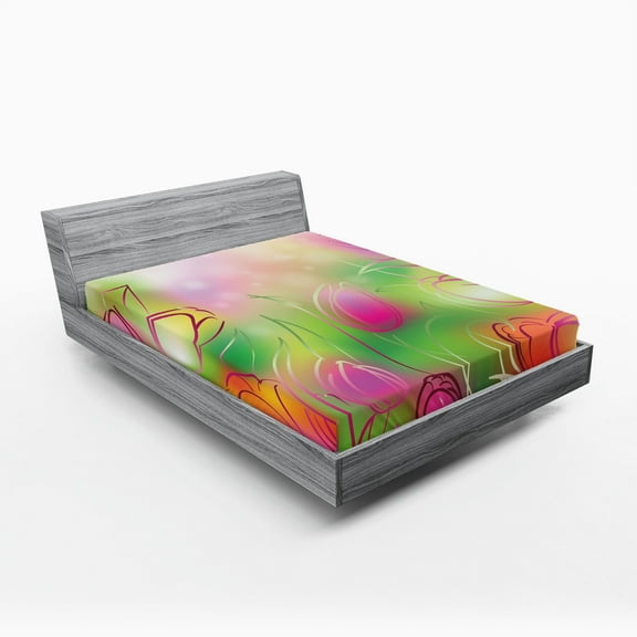 Ambesonne Modern Fitted Sheet, Tulips Urban Graphic, Queen Size, Pink Green