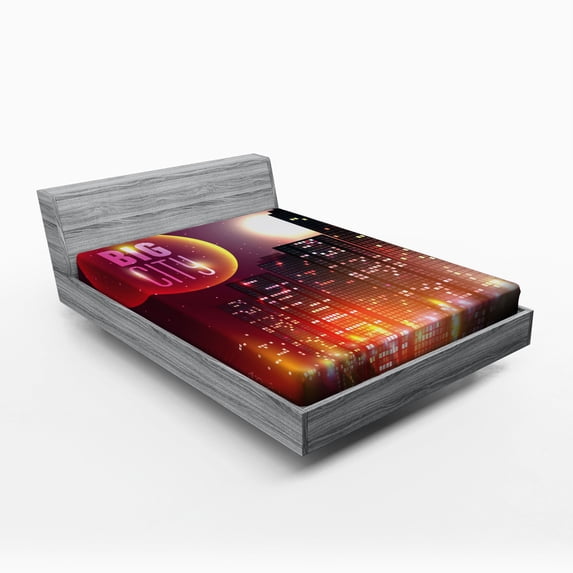 Ambesonne Modern Fitted Sheet, Urban City Night Skyline, Queen Size, Multicolor