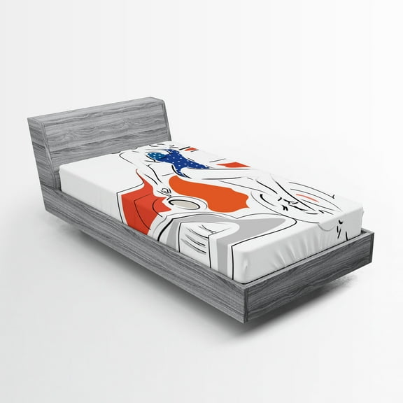 Ambesonne Modern Fitted Sheet, Woman Sketch in Polka, Twin XL Size, Vermilion and Blue