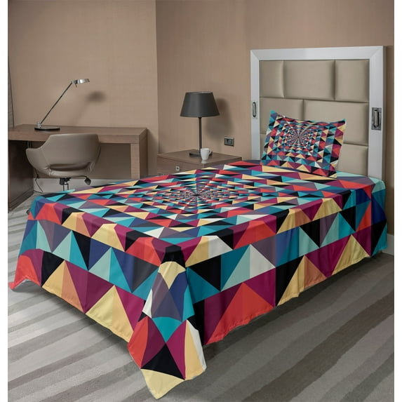 Ambesonne Modern Fitted & Top Sheet Set with Sham, Visual Patchwork Retro, Multicolor