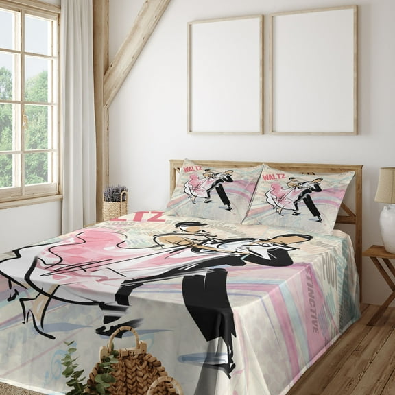 Ambesonne Modern Fitted & Top Sheet Set with Shams, Romantic Dancing Couple Words, Multicolor