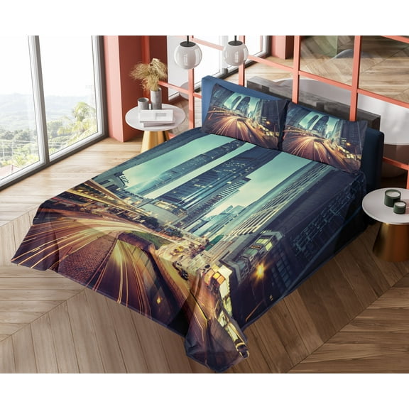 Ambesonne Modern Fitted & Top Sheet Set with Shams, Traffic Hong Kong City, Seafoam Orange Yellow