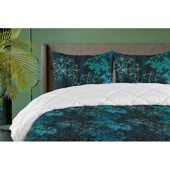 Ambesonne Modern Floral Down Alternative Quilt Comforter, Dark Colors Sakura, Twin XL, Seafoam Teal Dark Teal