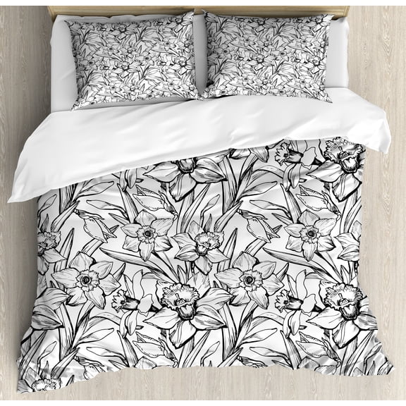 Ambesonne Modern Floral Duvet Cover Sets, Daffodils Sketch Art, 2-King, White and Pale Taupe