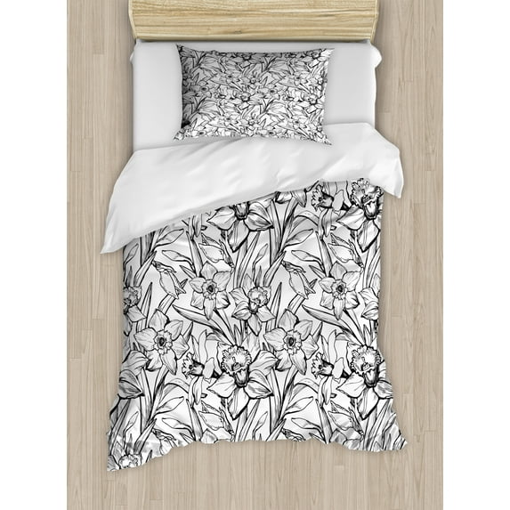 Ambesonne Modern Floral Duvet Cover Sets, Daffodils Sketch Art, 2-Twin, White and Pale Taupe