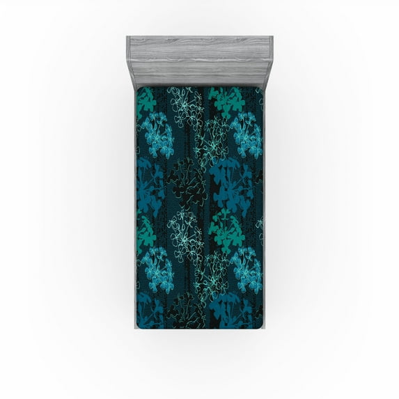 Ambesonne Modern Floral Fitted Sheet, Dark Colors Sakura, Twin Size, Seafoam Teal Dark Teal
