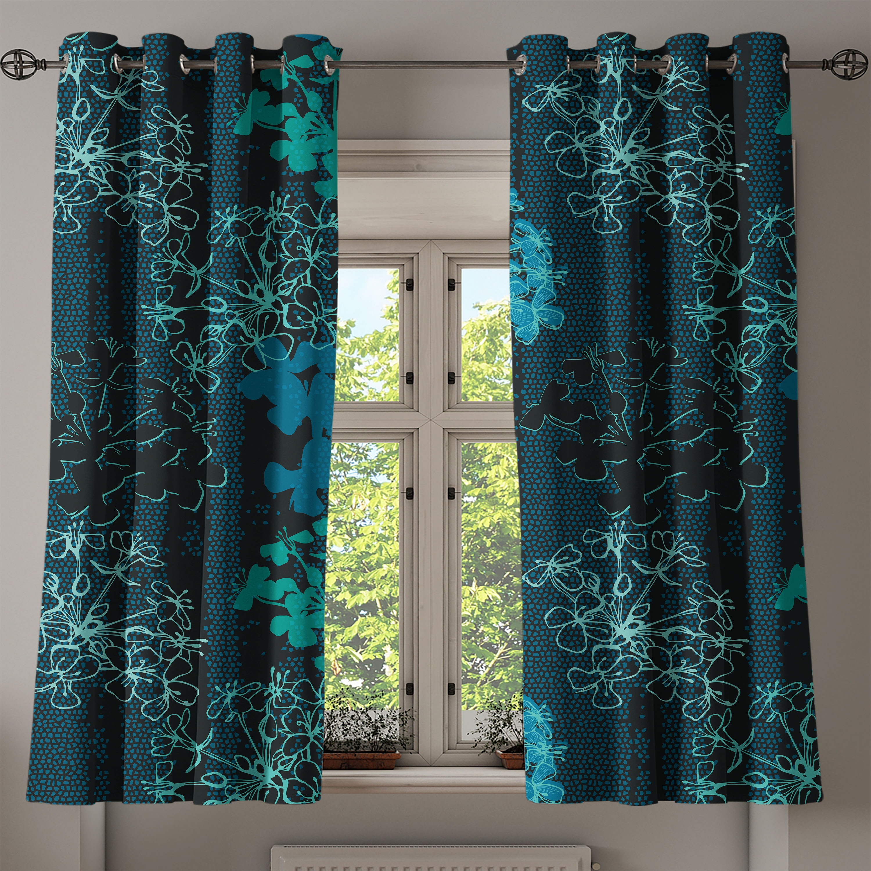 Ambesonne Modern Floral Grommet Curtain, Dark Colors Sakura, 50