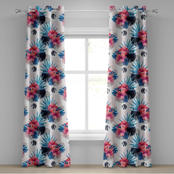 Ambesonne Modern Floral Grommet Curtain, Dreamy Hibiscus Print, 50"x84", Dark Cocoa Sea Blue Cream