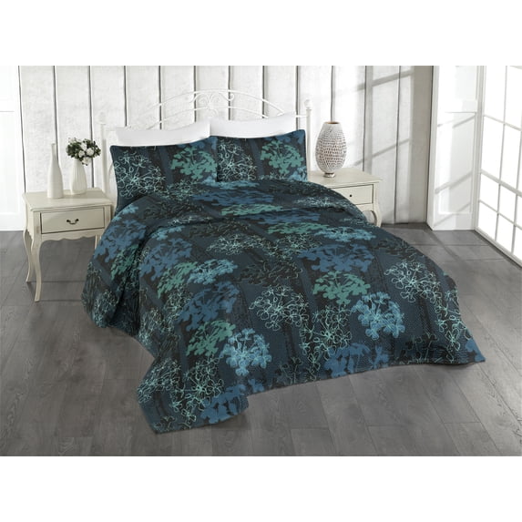 Ambesonne Modern Floral Quilted Bedspread Set 3 Pcs, Dark Colors Sakura, Queen, Seafoam Teal Dark Teal