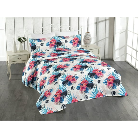 Ambesonne Modern Floral Quilted Bedspread Set 3 Pcs, Dreamy Hibiscus Print, King, Dark Cocoa Sea Blue Cream