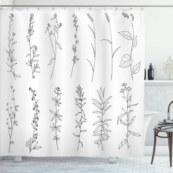Ambesonne Modern Floral Shower Curtain, Wild Herbs Sketch, 69"Wx84"L, White Charcoal Grey