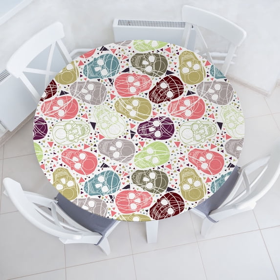 Ambesonne Modern Gothic Fitted Round Tablecloth, Simple Skulls Boho, 45"- 56" Diameter, Off White Coral Pale Grey