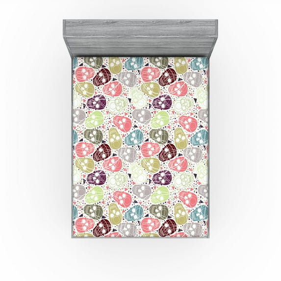 Ambesonne Modern Gothic Fitted Sheet, Simple Skulls Boho, King Size, Off White Coral Pale Grey