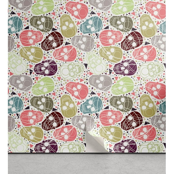 Ambesonne, Modern Gothic Peel & Stick Wallpaper for Home, Simple Skulls Boho, 13"x72", Off White Coral Pale Grey