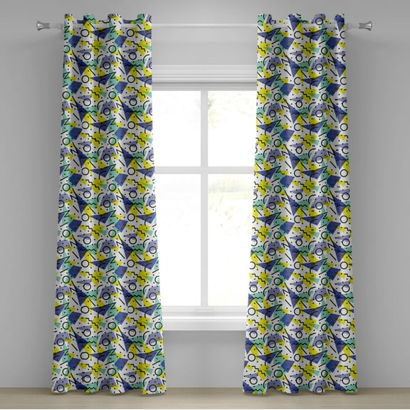 Ambesonne Modern Grommet Curtain, Geometric Retro Theme, 50" x 84", Blue Yellow and Black