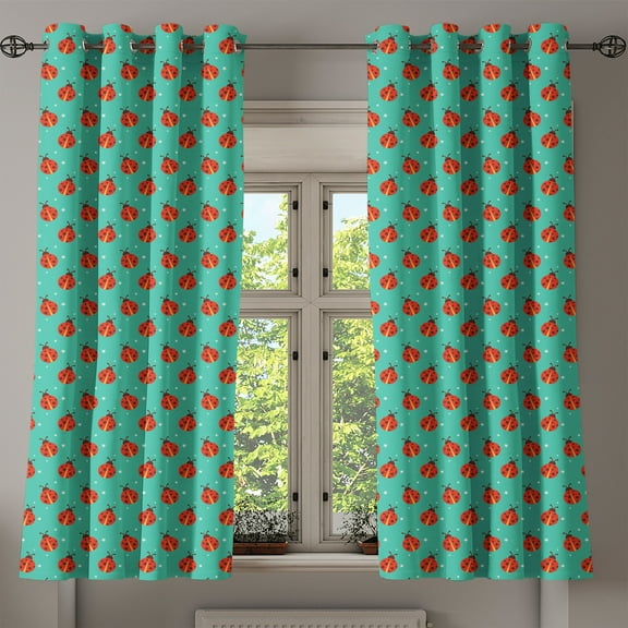 Ambesonne Modern Grommet Curtain, Ladybugs Tiny Stars, 50" x 63", Teal Red Black