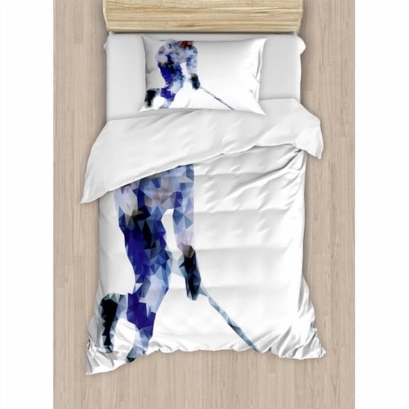 Ambesonne Modern Hockey Player in Fragmented Triangle Formes Winter Sports Hobby Design Duvet Cover Set