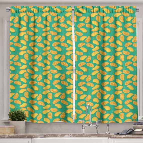 Ambesonne Modern Kitchen Curtains, Abstract Mangos Repetitive, 55"x30", Sea Green and Earth Yellow