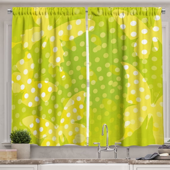 Ambesonne Modern Kitchen Curtains, Butterfly Shapes Dots, 55"x45", Pale Green Yellow