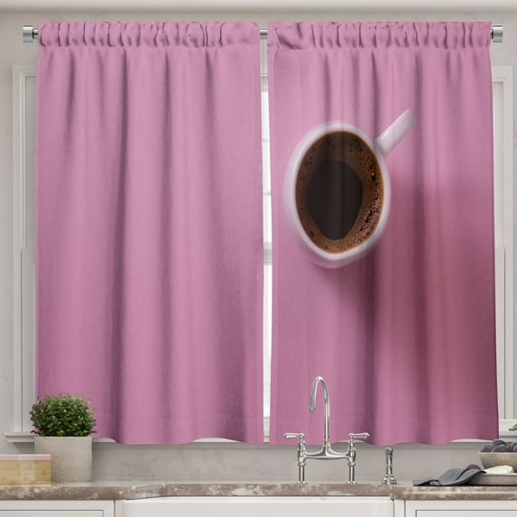 Ambesonne Modern Kitchen Curtains, Cup of Coffee Mug on Table, 55"x45", Pink and Brown