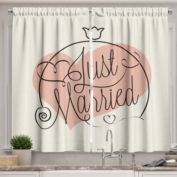 Ambesonne Modern Kitchen Curtains, Just Married Tulip Heart, 55"x39", Coral Black White
