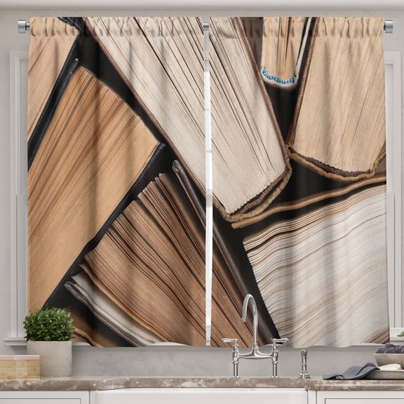 Ambesonne Modern Kitchen Curtains, Pile of Old Book Library, 55"x45", Brown Beige