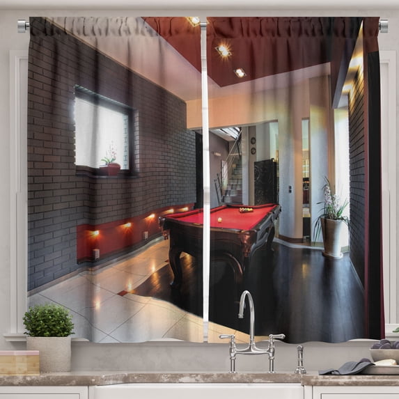 Ambesonne Modern Kitchen Curtains, Pool Game Snooker Table, 55"x39", Red Brown White