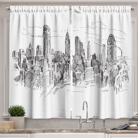 Ambesonne Modern Kitchen Curtains, Sketchy NYC Cityscape, 55"x36", Grey White
