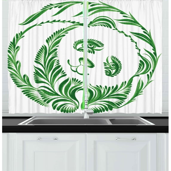 Ambesonne Modern Kitchen Curtains, Ukrainian Folk Art Tile, 55"x39", Hunter Green