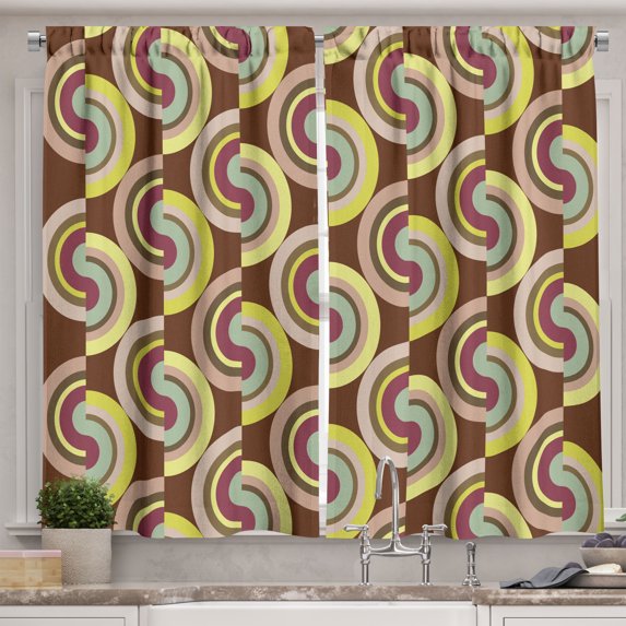 Ambesonne Modern Kitchen Curtains, Vintage Colorful Rounds, 55"x39", Lilac Purple and Cocoa