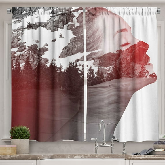 Ambesonne Modern Kitchen Curtains, Woman Mountain Portrait, 55"x39", Dimgrey Ruby White