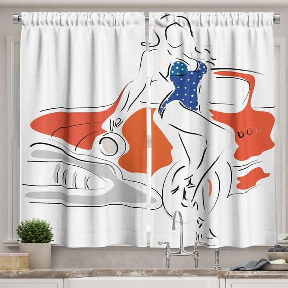 Ambesonne Modern Kitchen Curtains, Woman Sketch in Polka, 55"x39", Vermilion and Blue