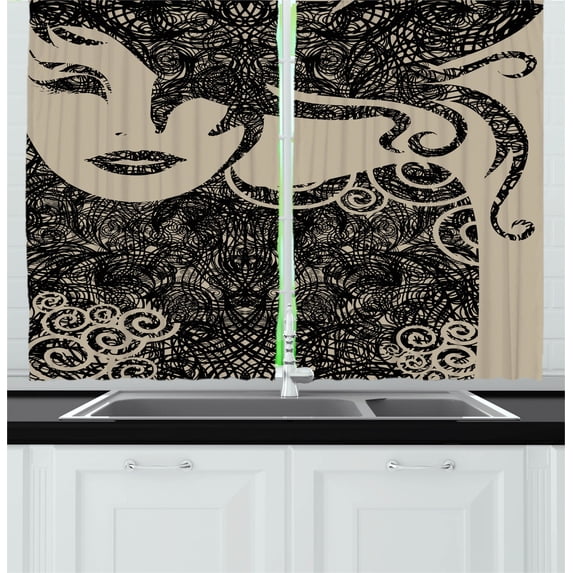 Ambesonne Modern Kitchen Curtains, Woman with Cool Posing, 55"x39", Dark Taupe and Tan