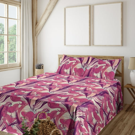 Ambesonne Modern Lily Fitted & Flat Sheet with Sham 3 Pcs Set, Pastel Delicate Floral, Twin XL, Hot Pink Plum Magenta