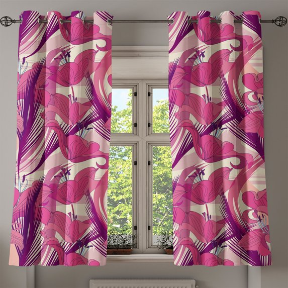 Ambesonne Modern Lily Grommet Curtain, Pastel Delicate Floral, 50"x60", Hot Pink Plum Magenta