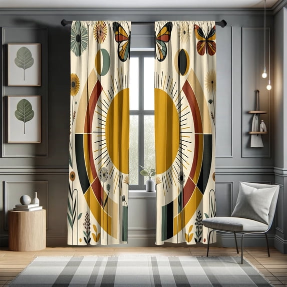 Ambesonne Modern Pale Coffee Eggshell Floral Mid Century Light Filtering Curtains, 28" x 84" (2 Panels)