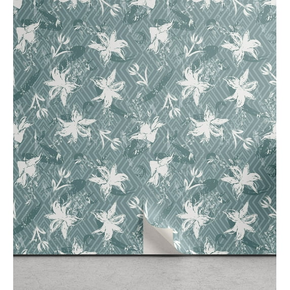 Ambesonne, Modern Peel & Stick Wallpaper for Home, Brush Draw Floral Abstract, 13"x72", Cadet Blue and Grey Teal