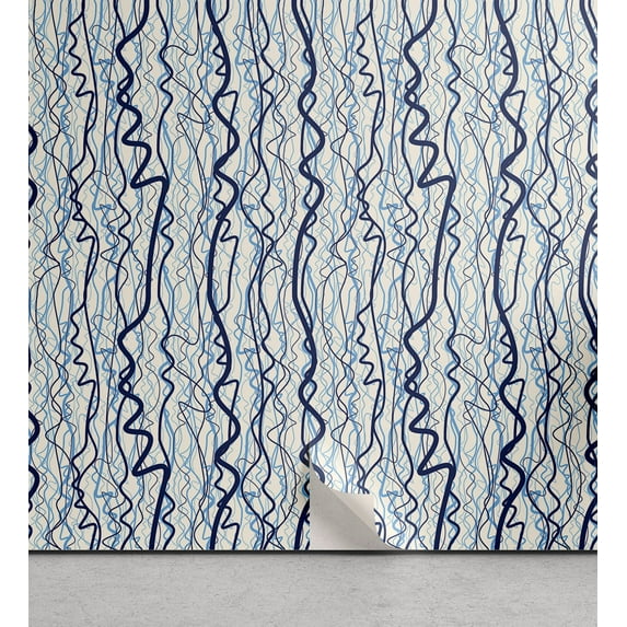 Ambesonne, Modern Peel & Stick Wallpaper for Home, Grunge Curvy Stripes Zigzags, 13"x36", Dark Sky Blue and Sky Blue