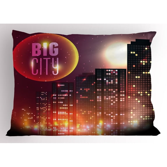 Ambesonne Modern Pillow Sham, Urban City Night Skyline, 36" X 20", Multicolor