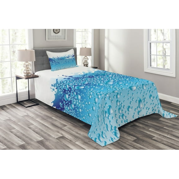 Ambesonne Modern Quilted Bedspread Set 2 Pcs, Bubbles Splashes Drops, Twin Size, Dark Blue Sky Blue