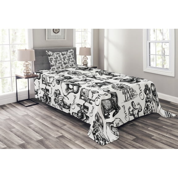 Ambesonne Modern Quilted Bedspread Set 2 Pcs, Circus Magician Theme, Twin Size, Black and White