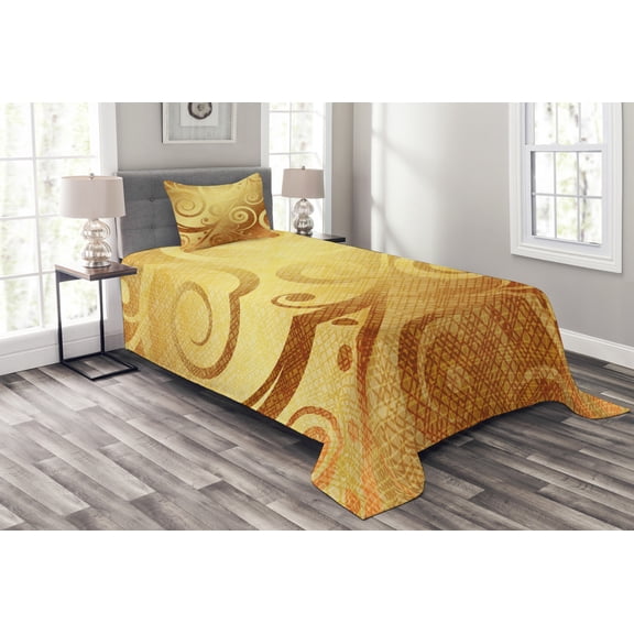 Ambesonne Modern Quilted Bedspread Set 2 Pcs, Floral Swirls Leaves, Twin Size, Earth Yellow Brown