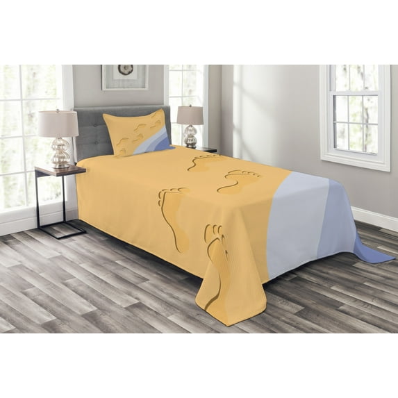 Ambesonne Modern Quilted Bedspread Set 2 Pcs, Footprints Sand Seaside, Twin Size, Pale Blue Apricot