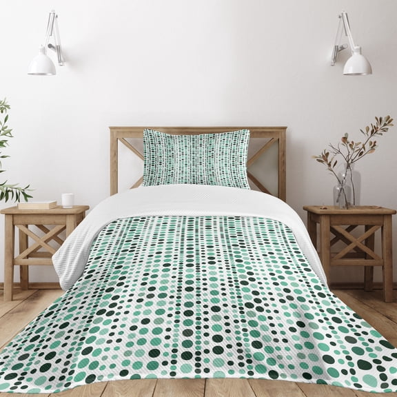 Ambesonne Modern Quilted Bedspread Set 2 Pcs, Geometrical Circles Dots, Twin Size, Hunter Green Turquoise