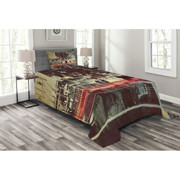 Ambesonne Modern Quilted Bedspread Set 2 Pcs, Gloomy City Streets, Twin Size, Red Blue Grey