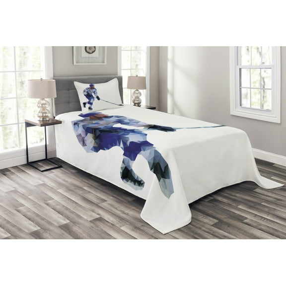 Ambesonne Modern Quilted Bedspread Set 2 Pcs, Hockey Player Triangles, Twin Size, Blue Purplegrey Black