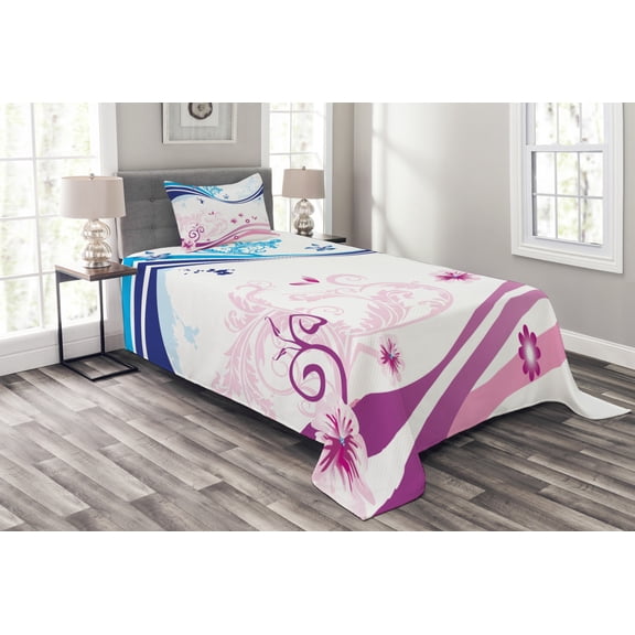 Ambesonne Modern Quilted Bedspread Set 2 Pcs, Ivy Flower Leaves Nature, Twin Size, Dark Blue Lilac